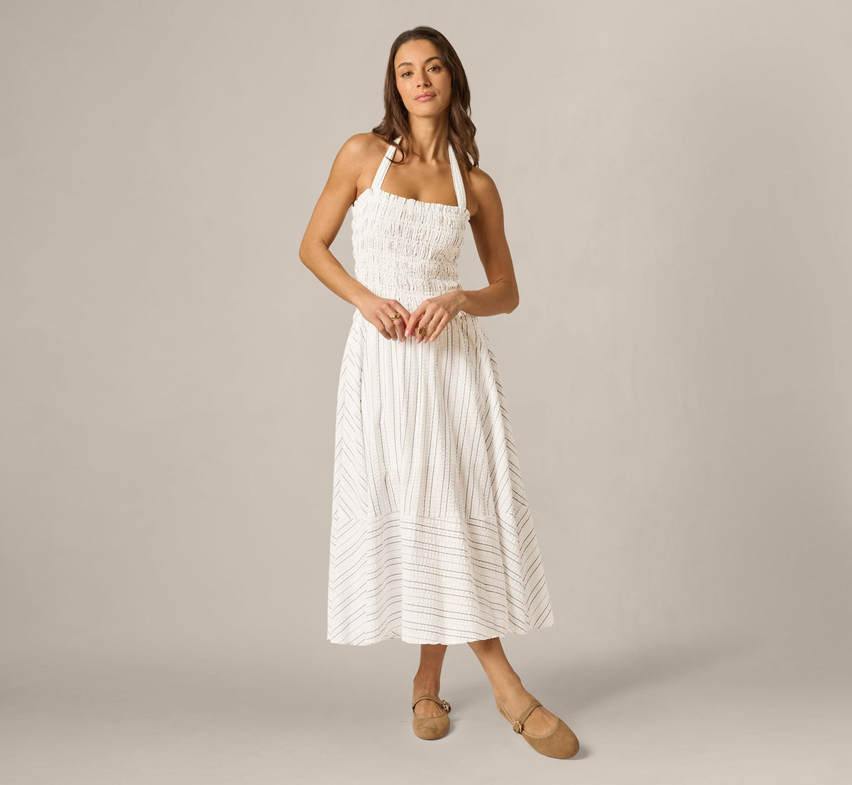 Smocked Seersucker Halter Midi Dress - Ivory Multi | Adrianna Papell