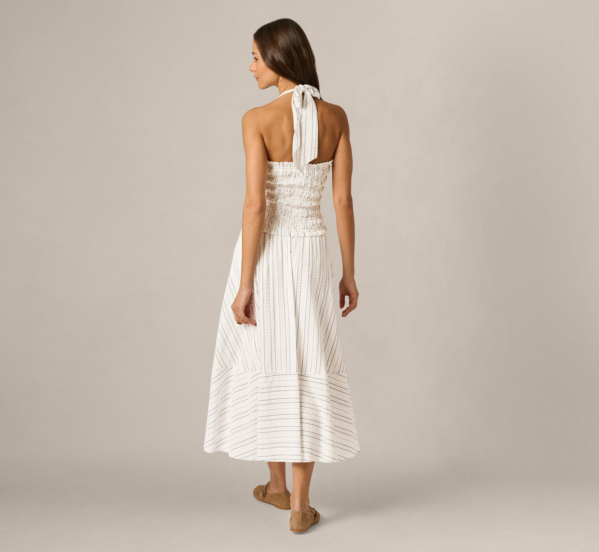 Smocked Seersucker Halter Midi Dress - Ivory Multi | Adrianna Papell