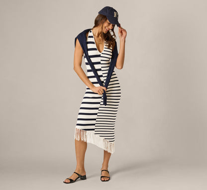 Striped Asymmetrical Fringe Halter Midi Dress - Ivory Navy | Adrianna Papell