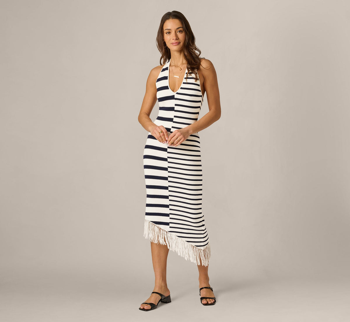 Striped Asymmetrical Fringe Halter Midi Dress - Ivory Navy | Adrianna Papell