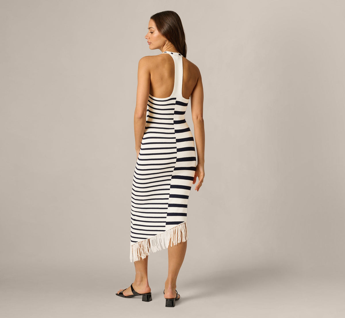 Striped Asymmetrical Fringe Halter Midi Dress - Ivory Navy | Adrianna Papell