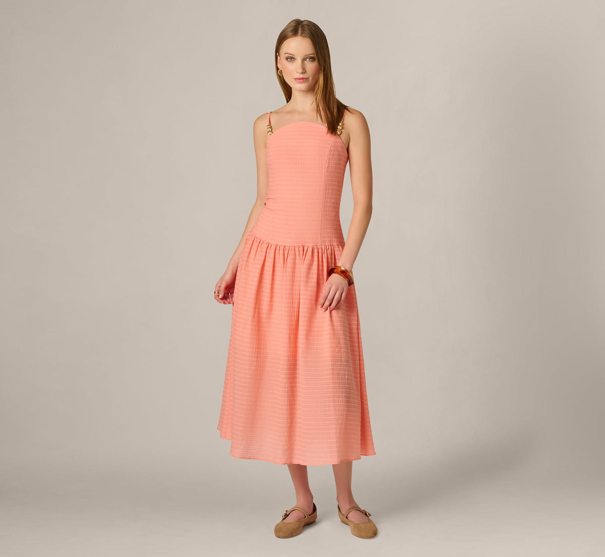 Drop Waist Seersucker Beaded Strap Sundress - Coral | Adrianna Papell