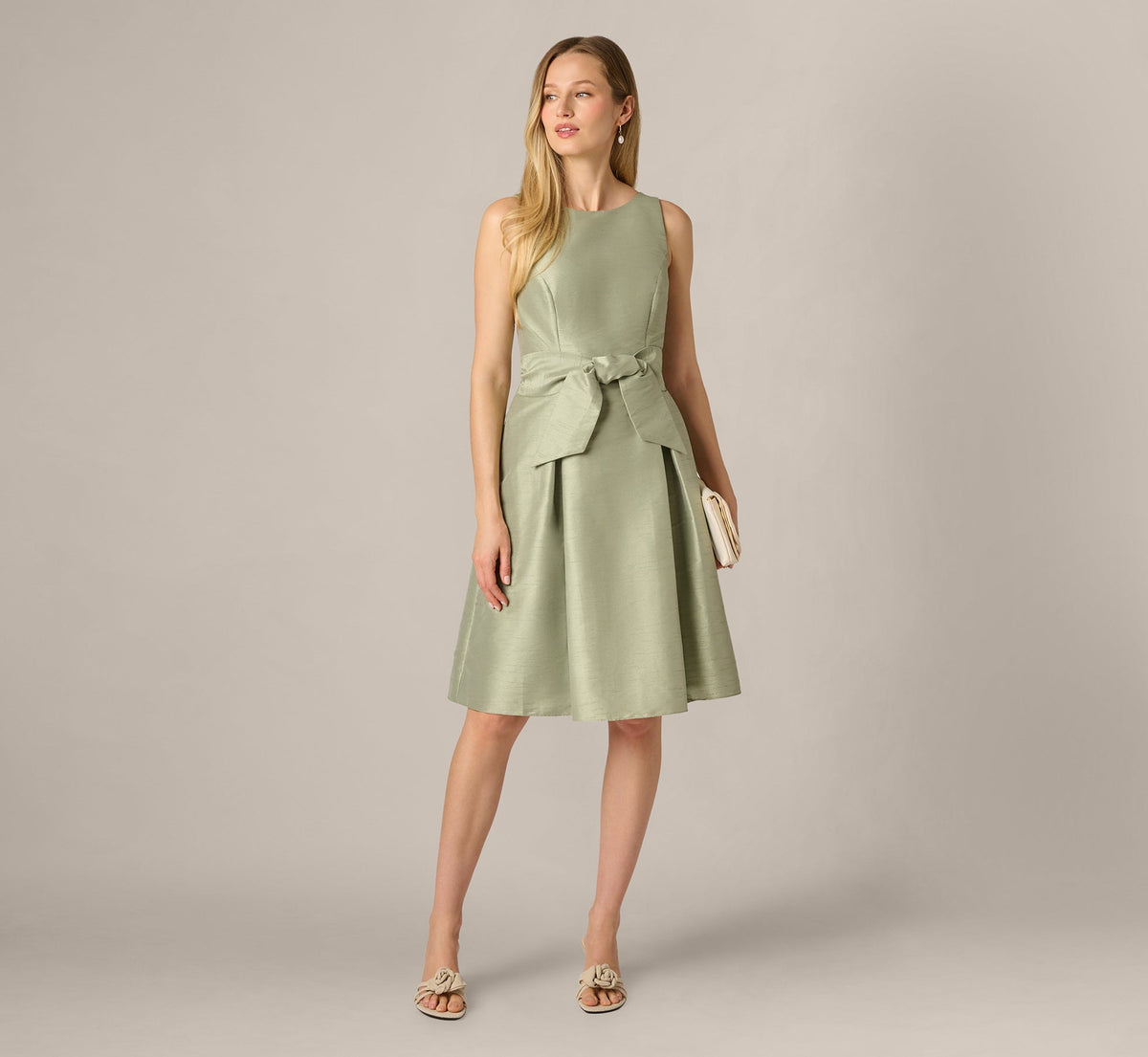 Dupioni Tie Front Fit And Flare Dress - Sage | Adrianna Papell