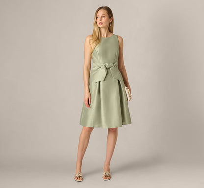 Dupioni Tie Front Fit And Flare Dress - Sage | Adrianna Papell