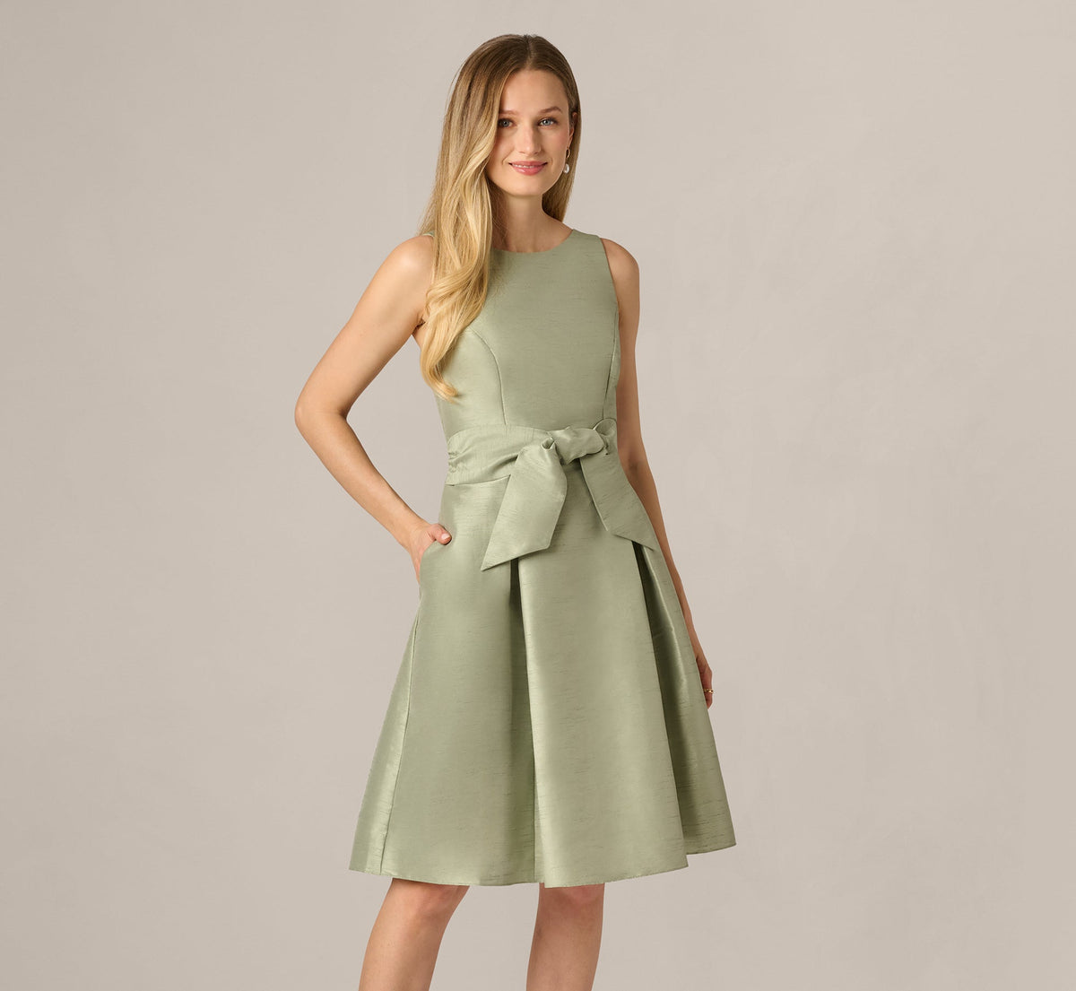 Dupioni Tie Front Fit And Flare Dress - Sage | Adrianna Papell