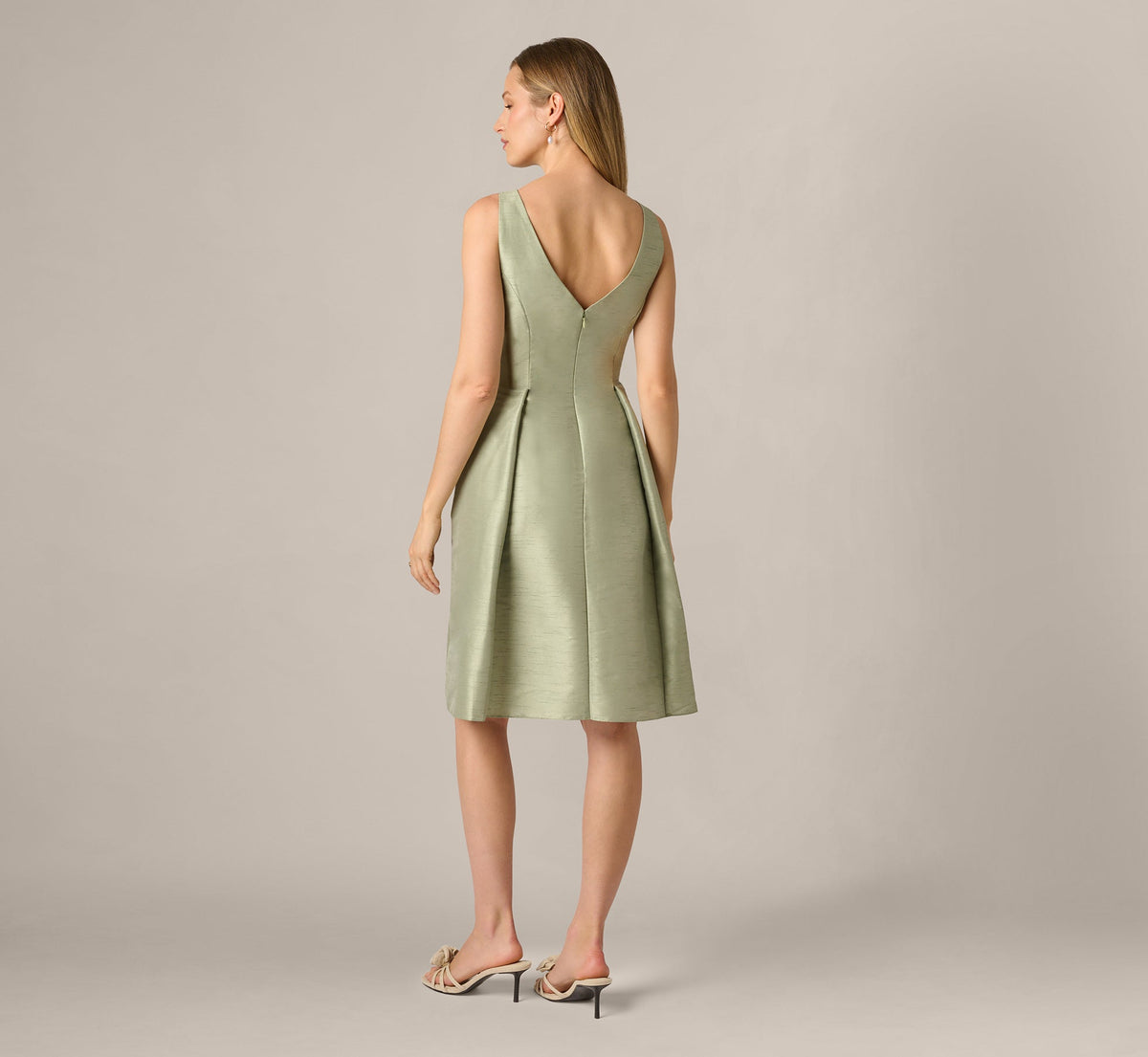 Dupioni Tie Front Fit And Flare Dress - Sage | Adrianna Papell