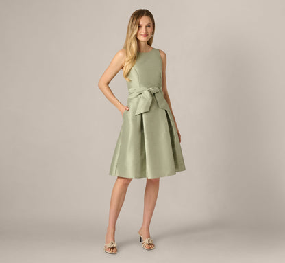 Dupioni Tie Front Fit And Flare Dress - Sage | Adrianna Papell