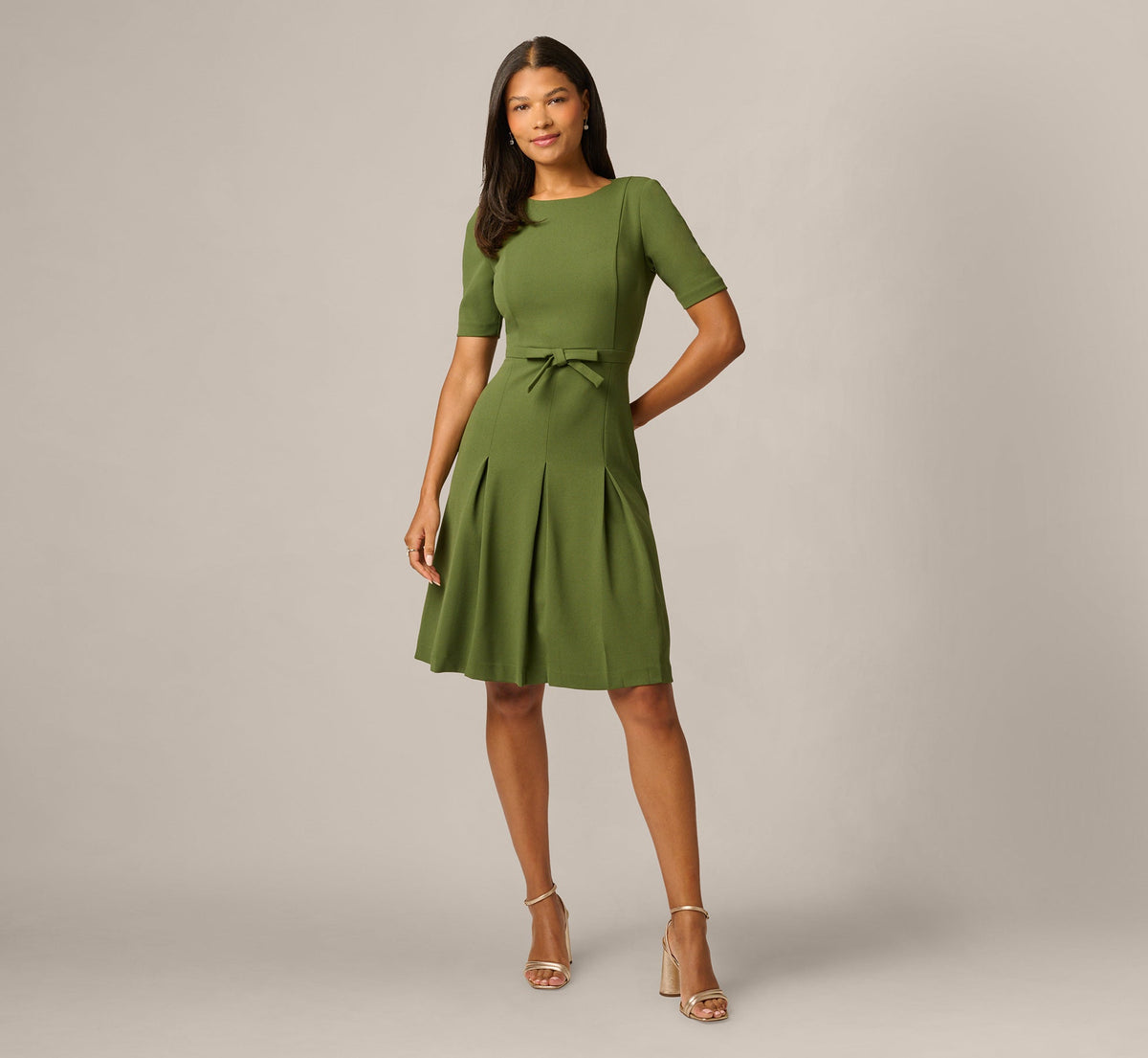 Knit Crepe Bow Front Dress - Olive Cypress | Adrianna Papell