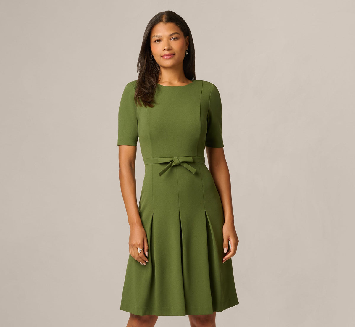 Knit Crepe Bow Front Dress - Olive Cypress | Adrianna Papell