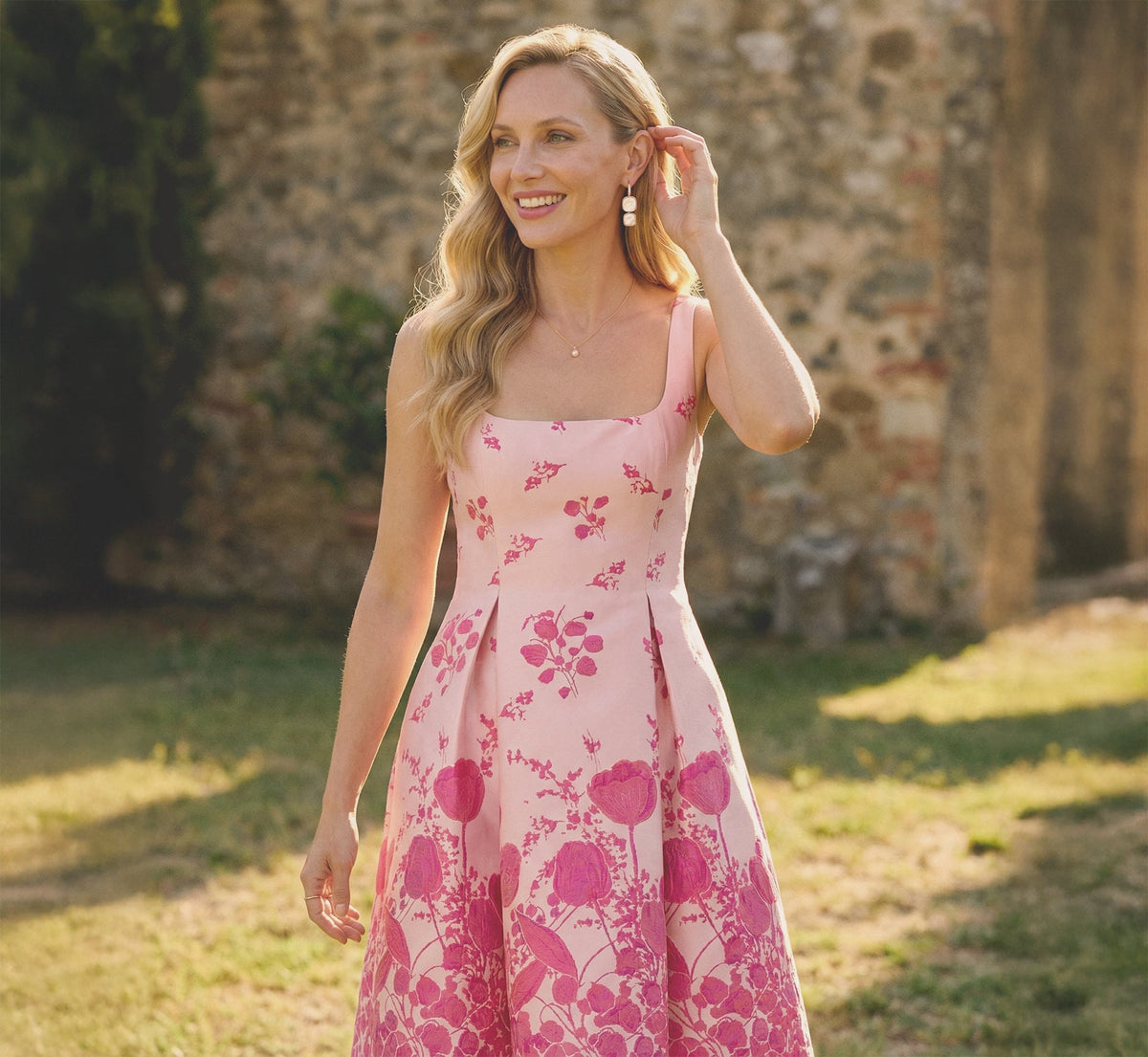 Square Neck Tulip Floral Border Jacquard Dress - Pink Multi | Adrianna Papell