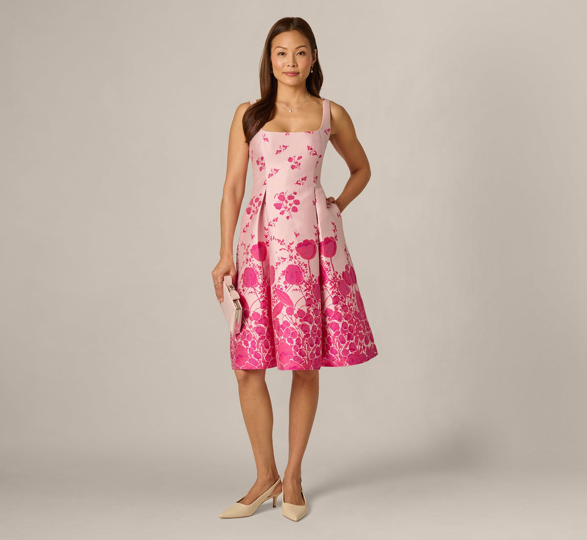 Square Neck Tulip Floral Border Jacquard Dress - Pink Multi | Adrianna Papell