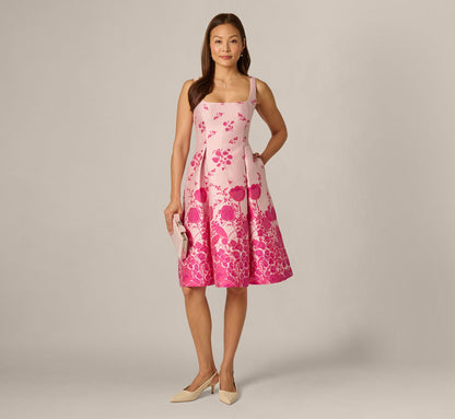 Square Neck Tulip Floral Border Jacquard Dress - Pink Multi | Adrianna Papell