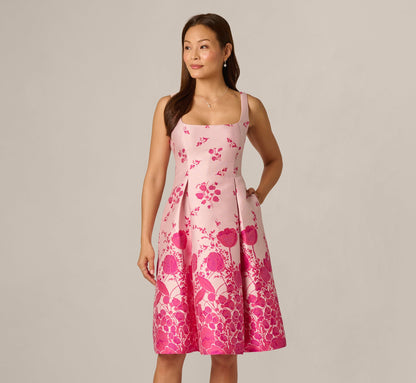 Square Neck Tulip Floral Border Jacquard Dress - Pink Multi | Adrianna Papell