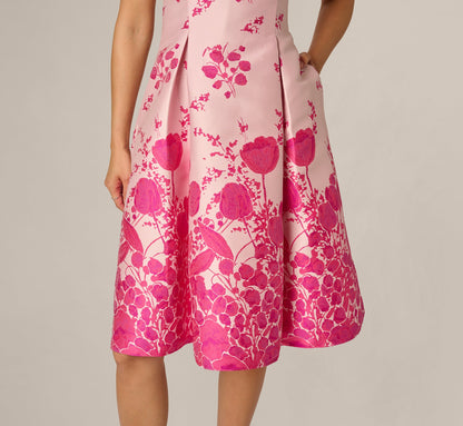 Square Neck Tulip Floral Border Jacquard Dress - Pink Multi | Adrianna Papell