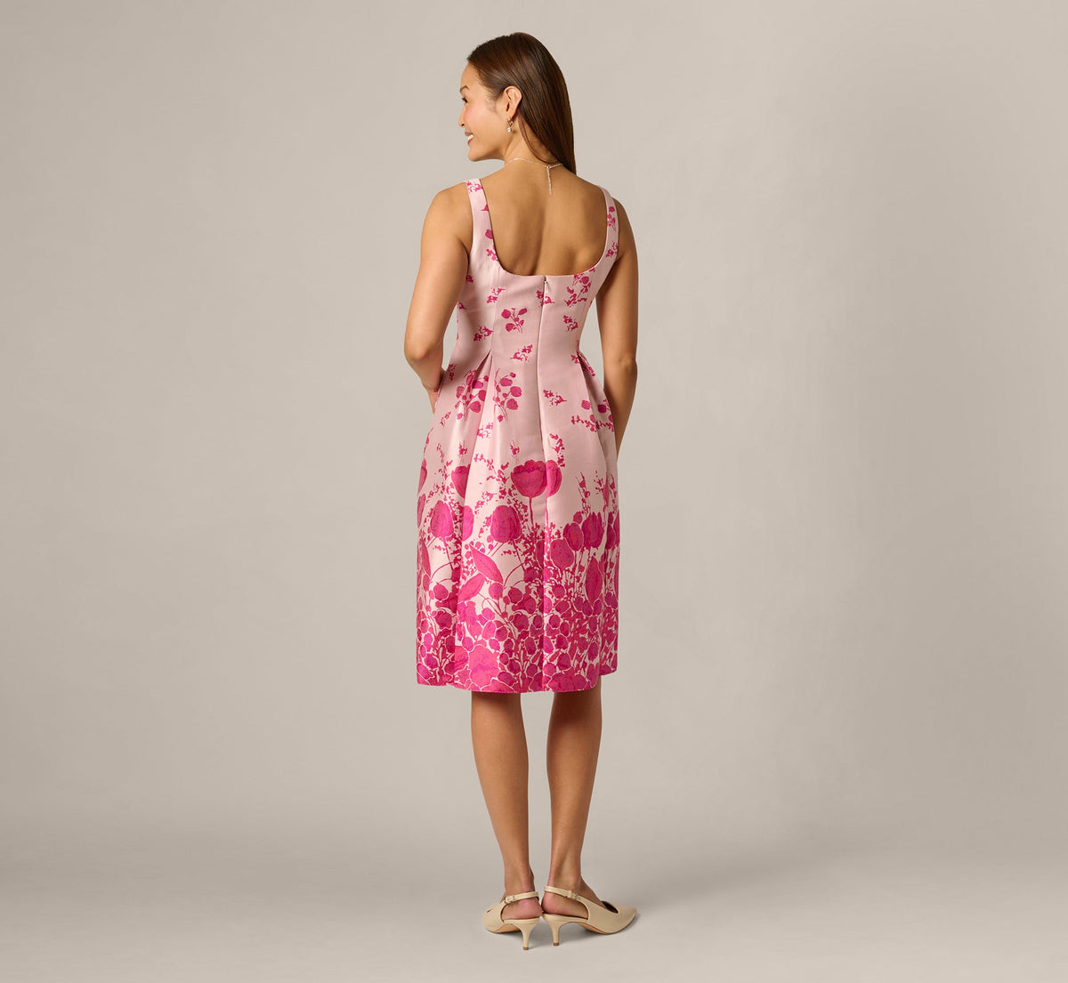 Square Neck Tulip Floral Border Jacquard Dress - Pink Multi | Adrianna Papell