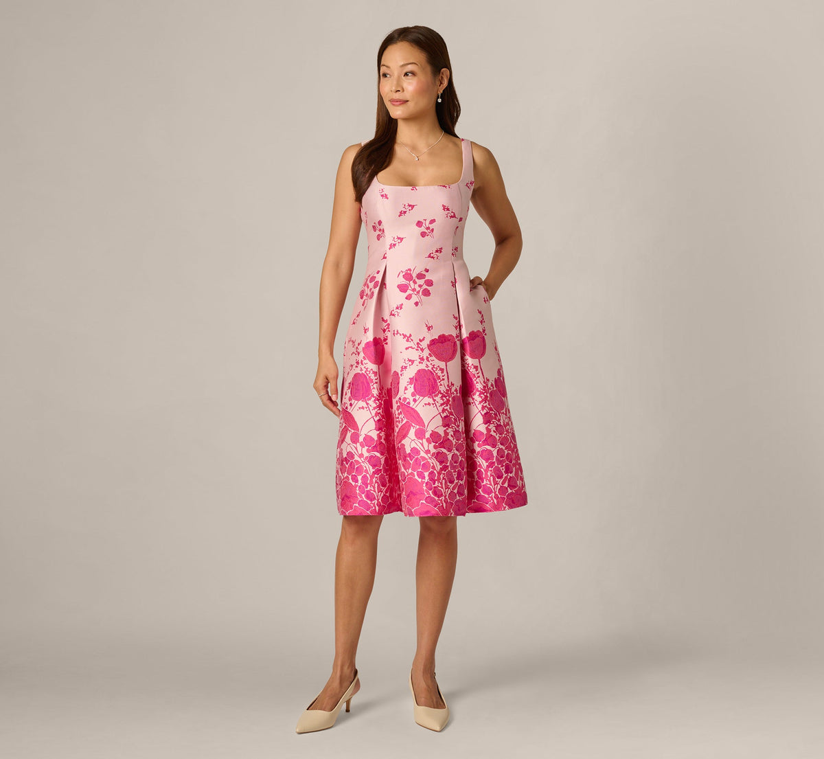 Square Neck Tulip Floral Border Jacquard Dress - Pink Multi | Adrianna Papell