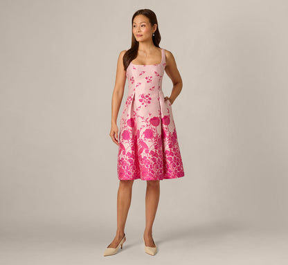 Square Neck Tulip Floral Border Jacquard Dress - Pink Multi | Adrianna Papell