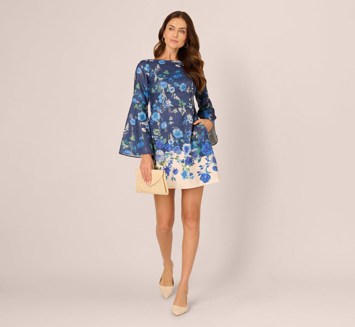 Bell Sleeve Floral Short Sheath Dress - Navy Multi | Adrianna Papell