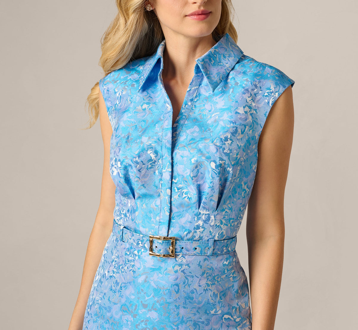 Floral Jacquard Collared Sheath Dress - Blue Multi | Adrianna Papell