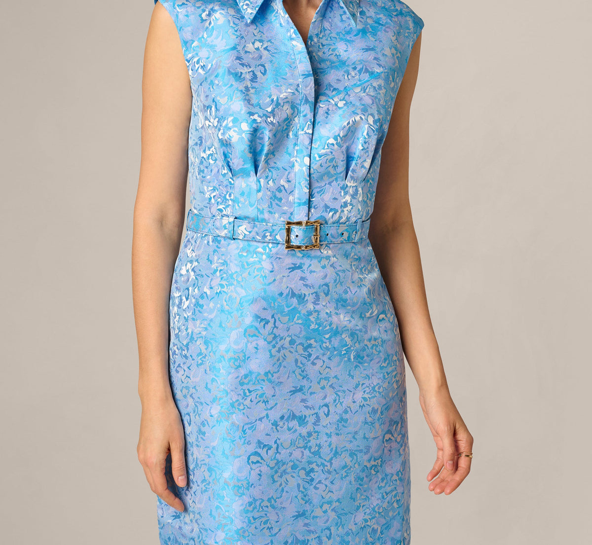 Floral Jacquard Collared Sheath Dress - Blue Multi | Adrianna Papell