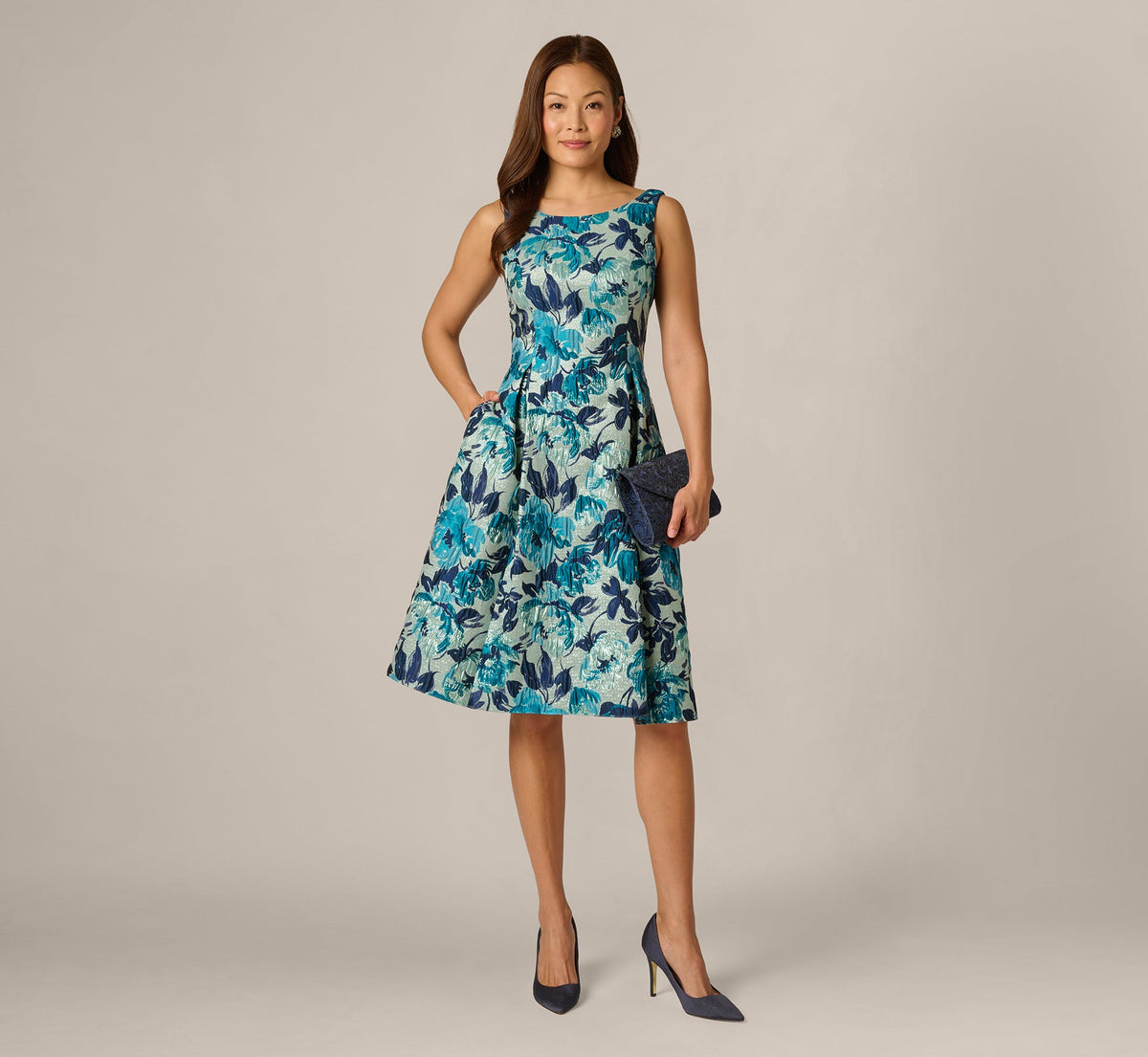 Metallic Floral Jacquard Boat Neck Fit And Flare - Blue Multi | Adrianna Papell