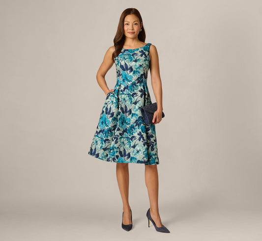 Metallic Floral Jacquard Boat Neck Fit And Flare - Blue Multi | Adrianna Papell