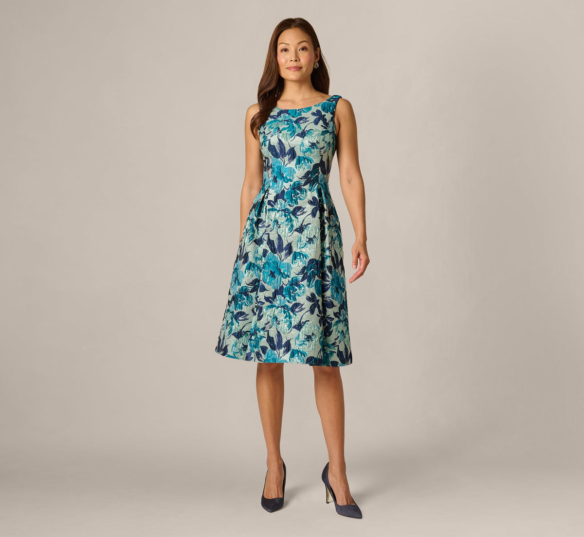 Metallic Floral Jacquard Boat Neck Fit And Flare - Blue Multi | Adrianna Papell