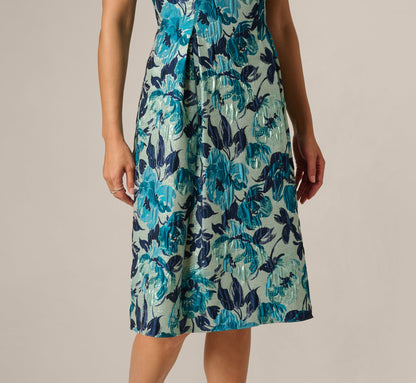 Metallic Floral Jacquard Boat Neck Fit And Flare - Blue Multi | Adrianna Papell