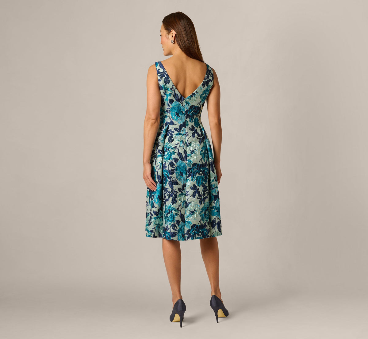 Metallic Floral Jacquard Boat Neck Fit And Flare - Blue Multi | Adrianna Papell