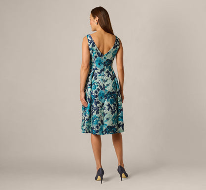 Metallic Floral Jacquard Boat Neck Fit And Flare - Blue Multi | Adrianna Papell