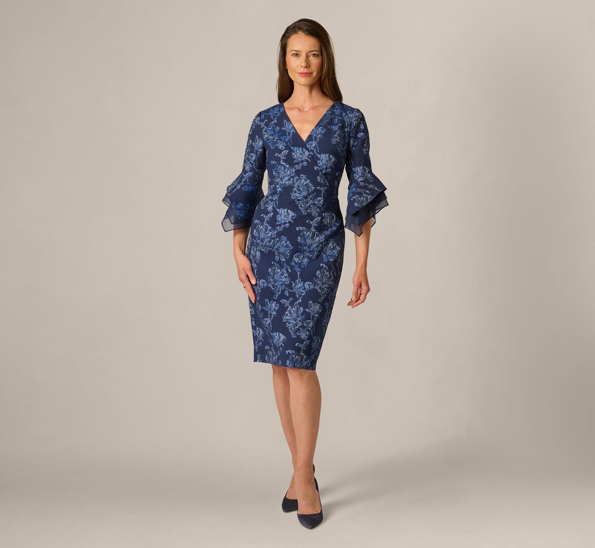 Floral Jacquard Bell Sleeve Sheath Dress - Navy Sateen | Adrianna Papell