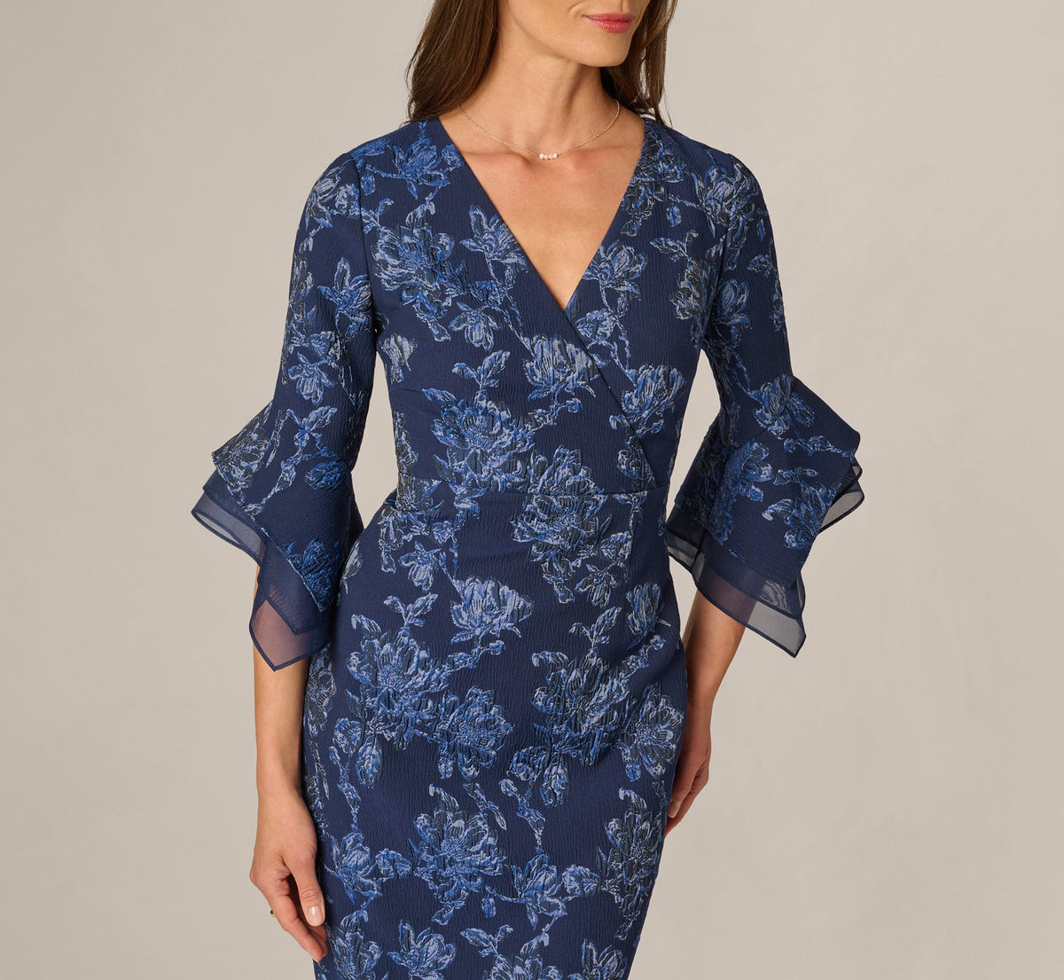 Floral Jacquard Bell Sleeve Sheath Dress - Navy Sateen | Adrianna Papell