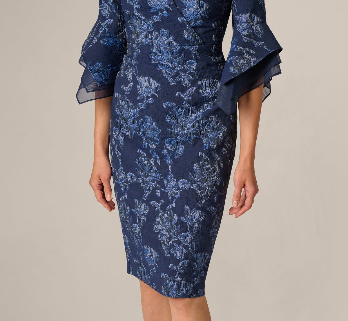 Floral Jacquard Bell Sleeve Sheath Dress - Navy Sateen | Adrianna Papell