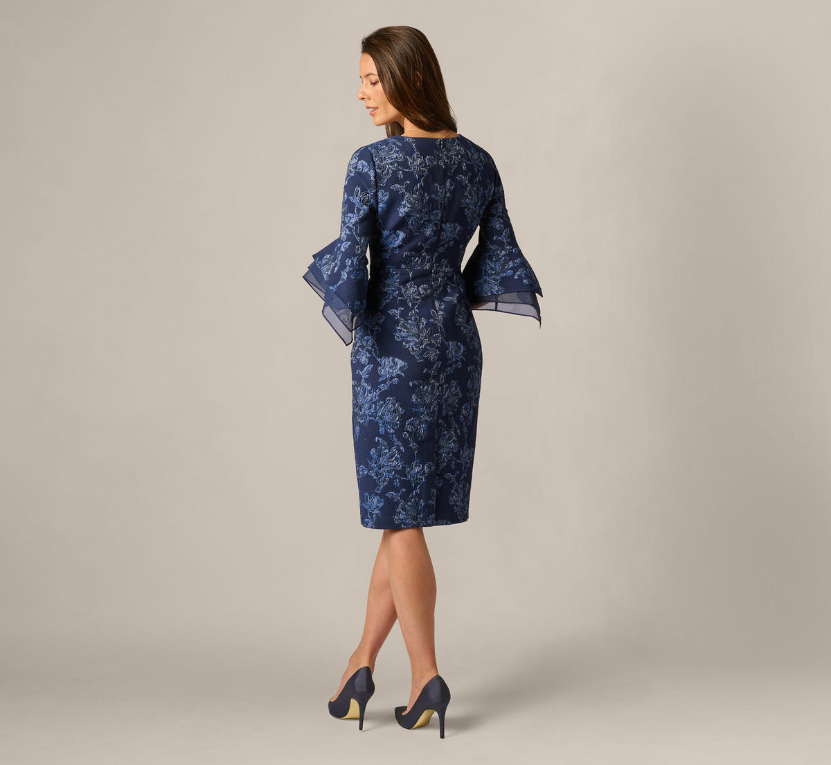 Floral Jacquard Bell Sleeve Sheath Dress - Navy Sateen | Adrianna Papell