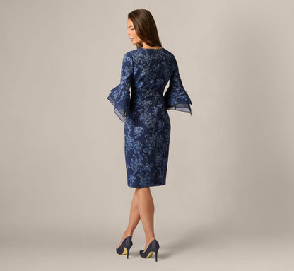 Floral Jacquard Bell Sleeve Sheath Dress - Navy Sateen | Adrianna Papell