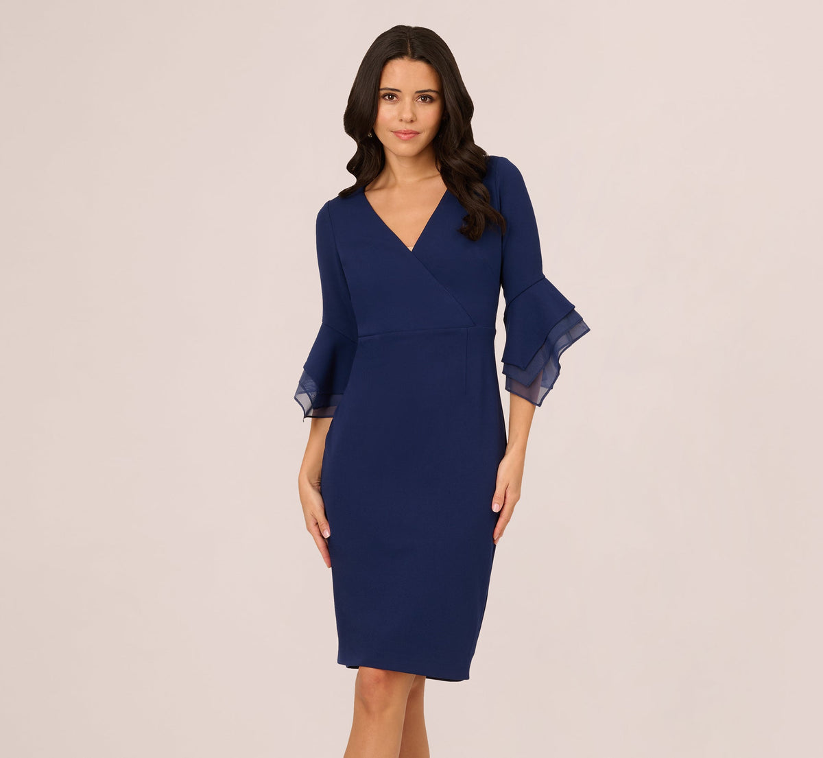 Three Quarter Bell Sleeve Sheath Midi Dress - Navy Sateen | Adrianna Papell