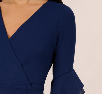 Three Quarter Bell Sleeve Sheath Midi Dress - Navy Sateen | Adrianna Papell