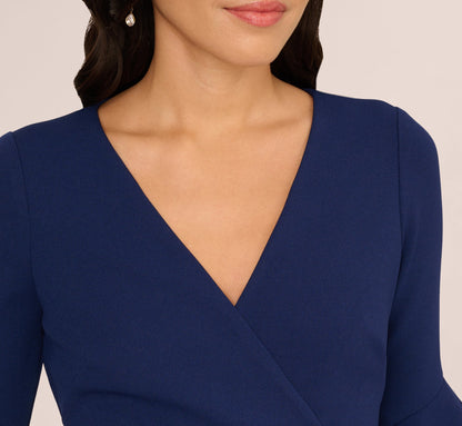 Three Quarter Bell Sleeve Sheath Midi Dress - Navy Sateen | Adrianna Papell