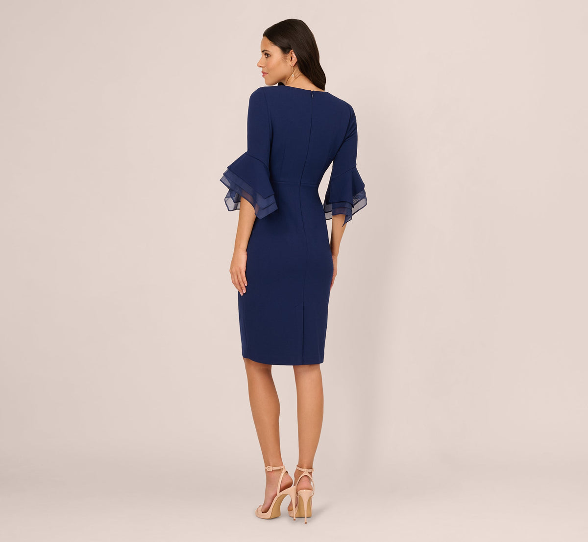 Three Quarter Bell Sleeve Sheath Midi Dress - Navy Sateen | Adrianna Papell