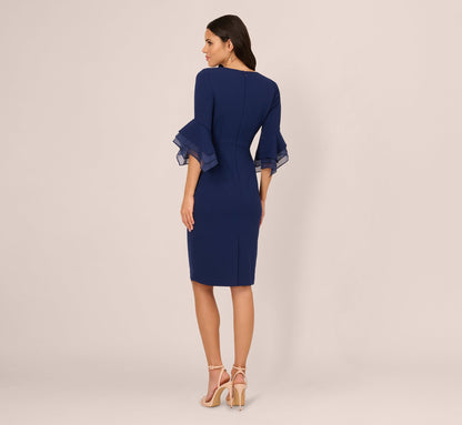 Three Quarter Bell Sleeve Sheath Midi Dress - Navy Sateen | Adrianna Papell