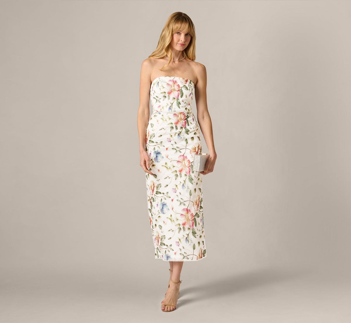 Strapless Floral Beaded Embroidery Midi Dress - Ivory Multi | Adrianna Papell