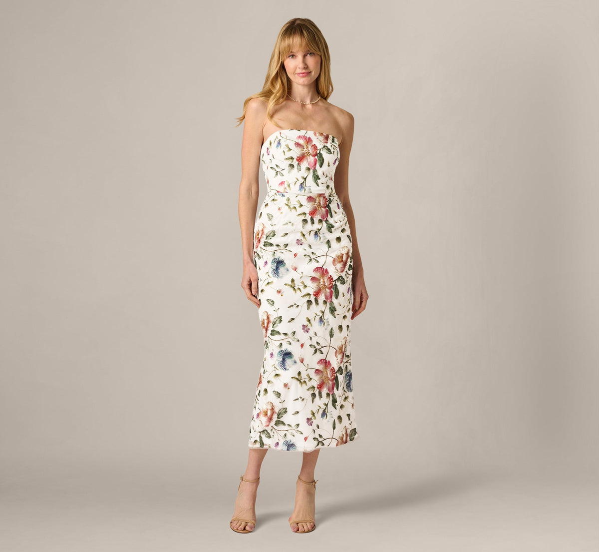 Strapless Floral Beaded Embroidery Midi Dress - Ivory Multi | Adrianna Papell