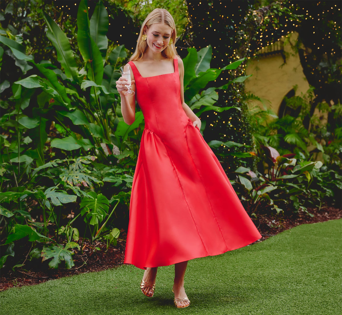 Drop Waist Fit And Flare Mikado Midi Dress - Persimmon | Adrianna Papell