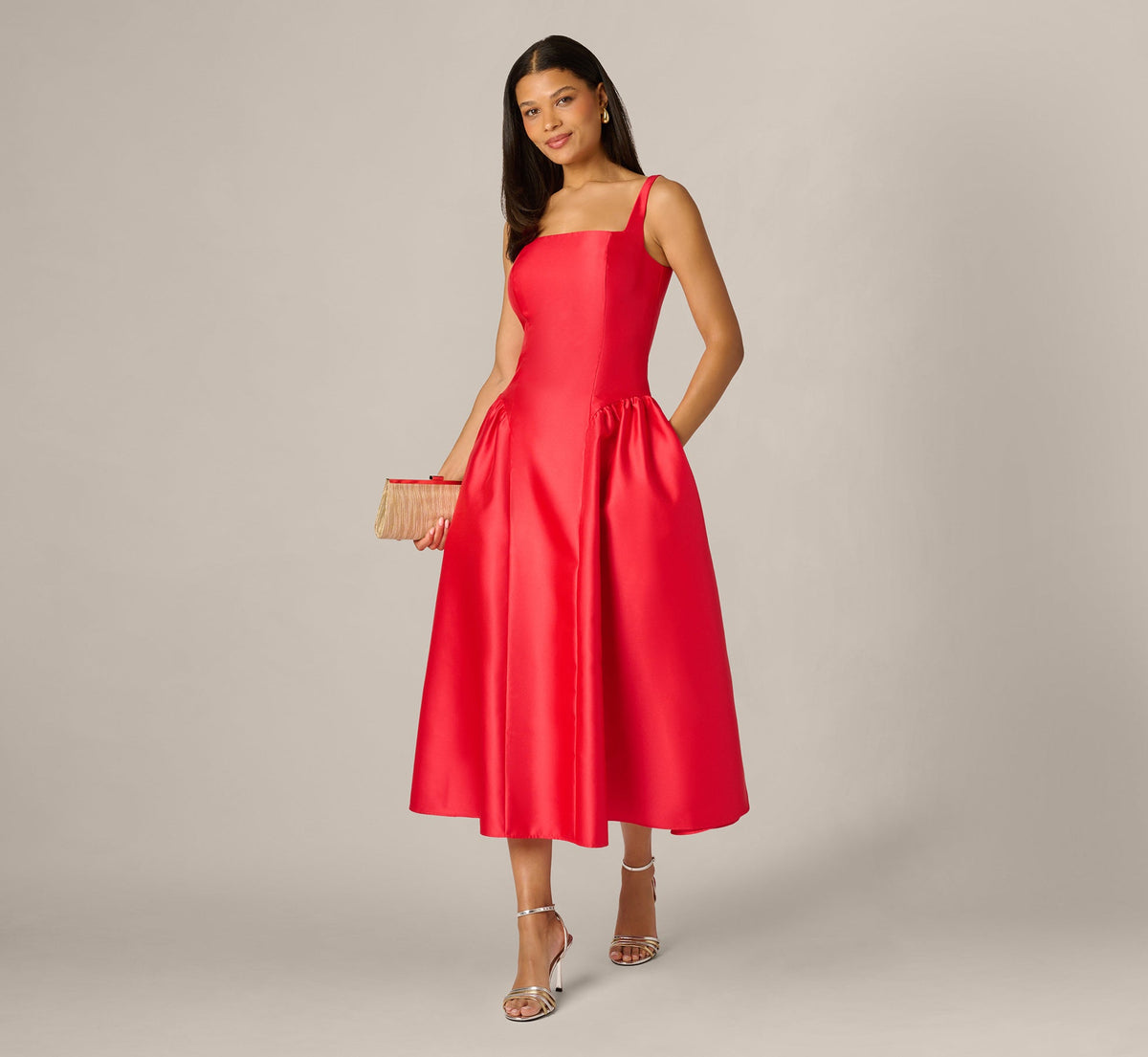 Drop Waist Fit And Flare Mikado Midi Dress - Persimmon | Adrianna Papell