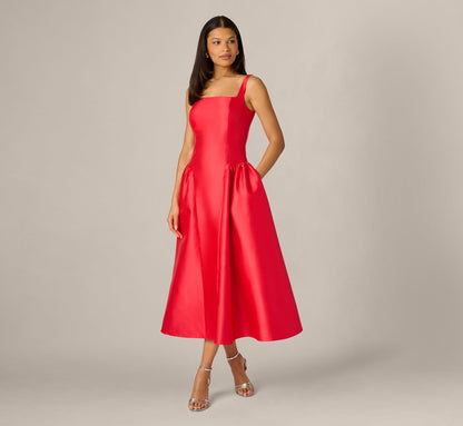 Drop Waist Fit And Flare Mikado Midi Dress - Persimmon | Adrianna Papell