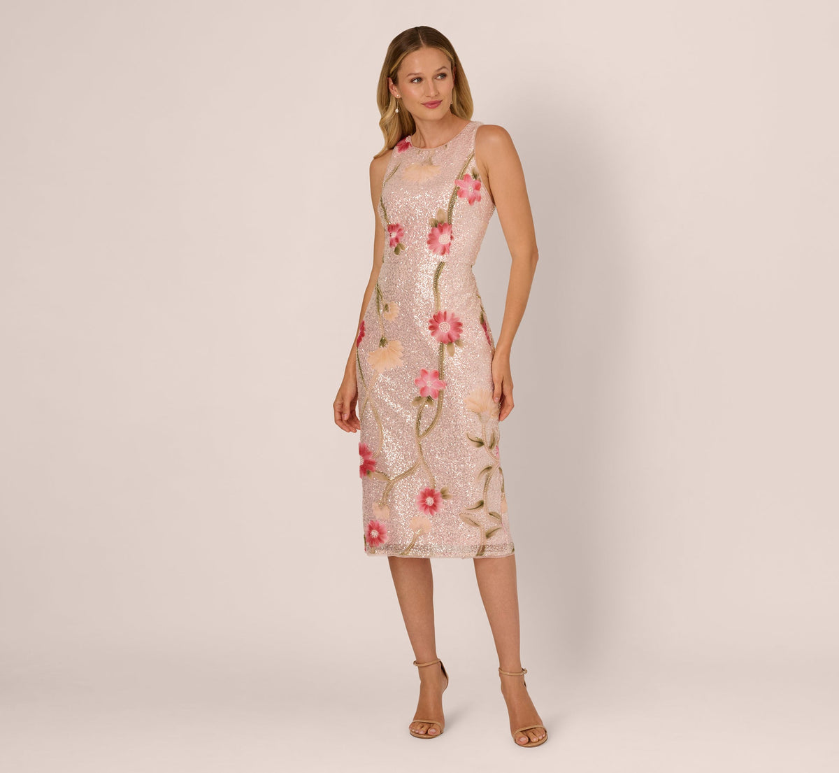 Sequin Floral Midi Sheath Dress - Silver Blush Multi | Adrianna Papell