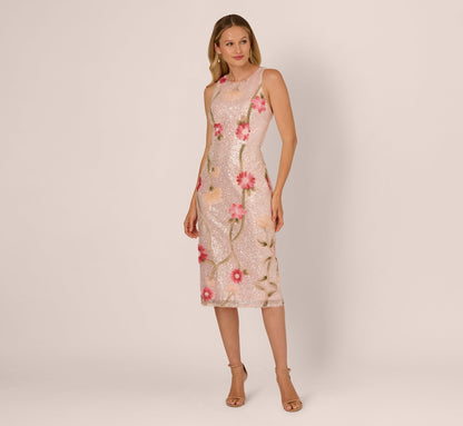 Sequin Floral Midi Sheath Dress - Silver Blush Multi | Adrianna Papell