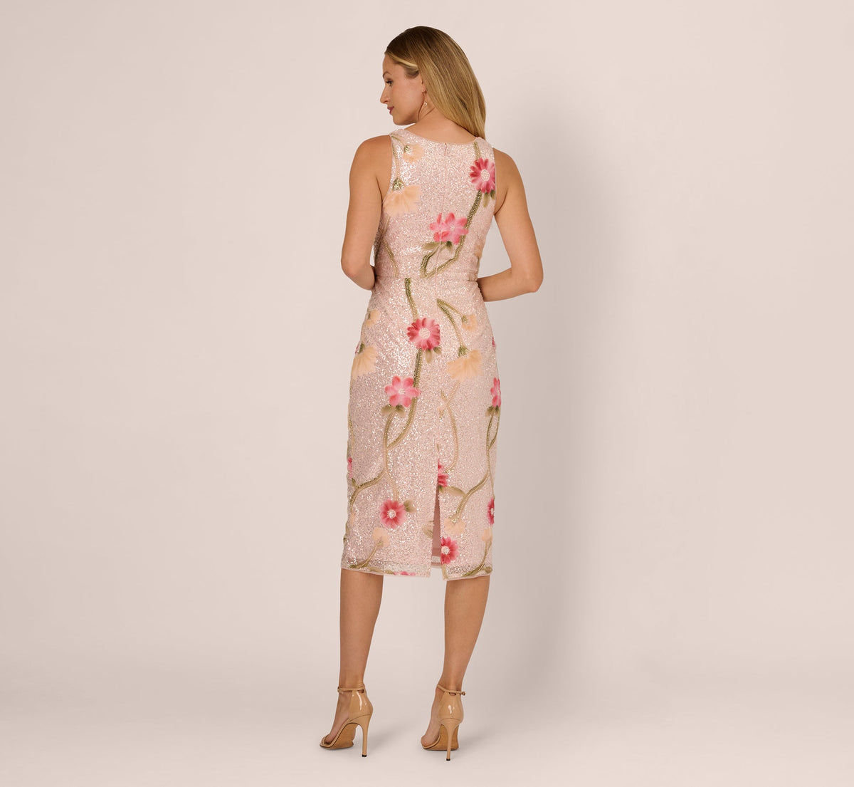 Sequin Floral Midi Sheath Dress - Silver Blush Multi | Adrianna Papell