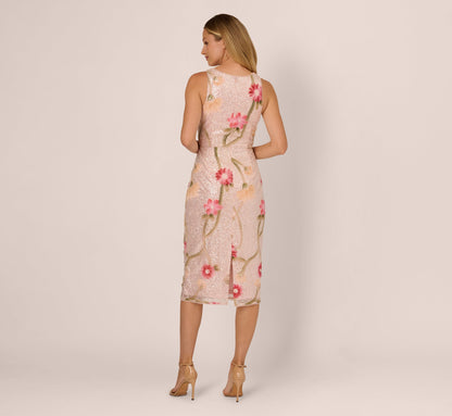 Sequin Floral Midi Sheath Dress - Silver Blush Multi | Adrianna Papell