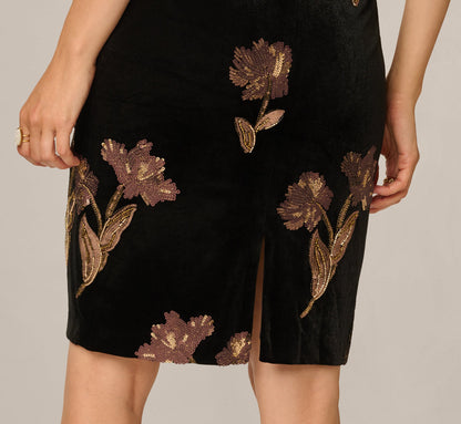 Velvet Sequin Floral Sheath Dress - Black Copper | Adrianna Papell
